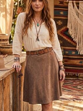 Another Story Taupe Faux Suede A-Line Skirt Boho Peasant Cottagecore Hippie